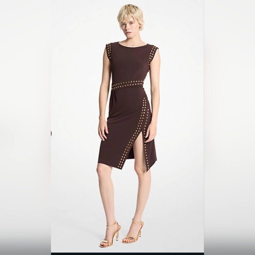 Michael Kors Asymmetrical Brown Dress with Gold Studs